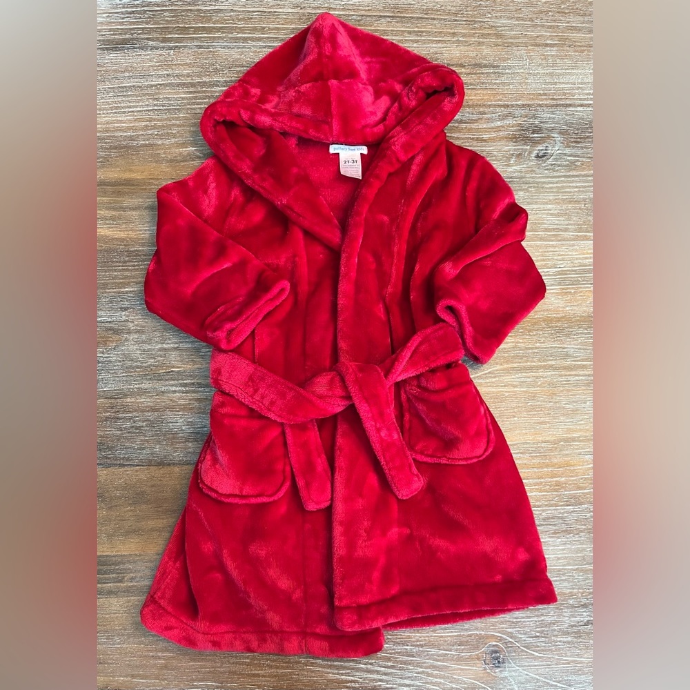 POTTERY BARN KIDS SOLID RED ULTRA PLUSH ROBE, UNISEX, 2T-3T